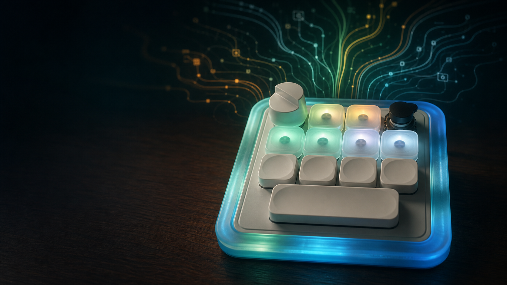 Editorial illustration of the Codex Micro imagined as a six-agent console, with six illuminated keys feeding distinct software lanes.