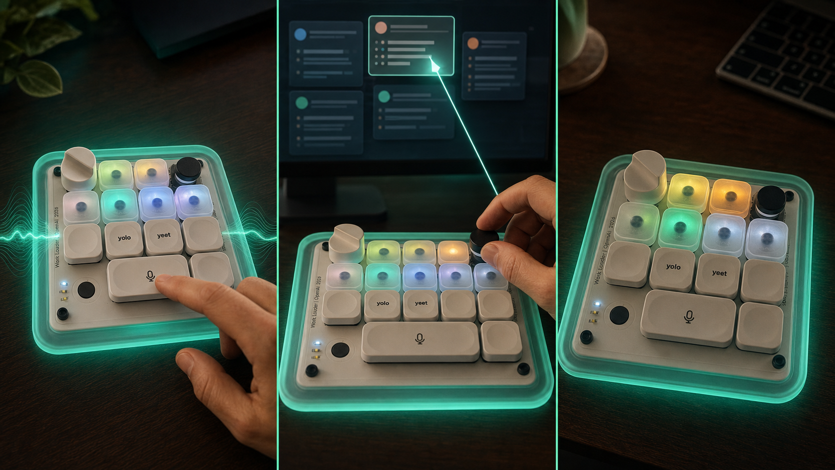 Editorial triptych illustrating a voice brief, guided selection with the dial and joystick, and six illuminated agent states.